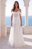 Off the Shoulder Lace Floral A Line Long Boho Beach Wedding Dress