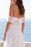 Off the Shoulder Lace Floral A Line Long Boho Beach Wedding Dress