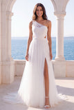 One Shoulder A Line Pleated Long Beach Wedding Dress with Slit