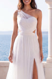 One Shoulder A Line Pleated Long Beach Wedding Dress with Slit