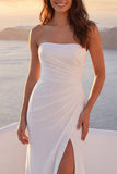 Ruched Strapless Backless Ivory Long Beach Wedding Dress with Slit