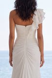 One Shoulder Ruffled Ivory Mermaid Long Beach Wedding Dress with Slit