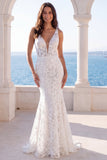 Floral Ivory Lace Mermaid Boho Long Beach Wedding Dress
