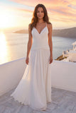 A Line Pleated Ivory Spaghetti Straps Long Beach Wedding Dress