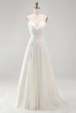 A Line Pleated Ivory Spaghetti Straps Long Beach Wedding Dress