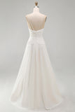 A Line Pleated Ivory Spaghetti Straps Long Beach Wedding Dress