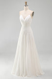 A Line Pleated Ivory Spaghetti Straps Long Beach Wedding Dress