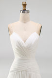 A Line Pleated Ivory Spaghetti Straps Long Beach Wedding Dress