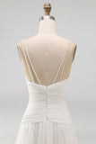 A Line Pleated Ivory Spaghetti Straps Long Beach Wedding Dress