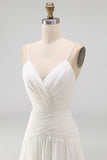 A Line Pleated Ivory Spaghetti Straps Long Beach Wedding Dress