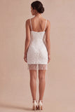 Sparkly Sequined Ivory Short Bodycon Bridal Shower Dress with Tassel
