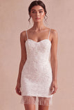 Sparkly Sequined Ivory Short Bodycon Bridal Shower Dress with Tassel