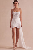 Sparkly Sequined Ivory Short Corset Bodycon Bridal Shower Dress with Side Cape