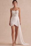 Sparkly Sequined Ivory Short Corset Bodycon Bridal Shower Dress with Side Cape