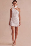 Ivory Short Bodycon Appliqued Bridal Shower Dress with Neck Scarf