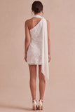 Ivory Short Bodycon Appliqued Bridal Shower Dress with Neck Scarf