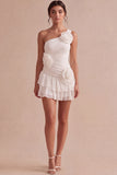 Ivory Mini Ruched Ruffled Bridal Shower Dress with 3D Flowers
