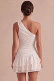 Ivory Mini Ruched Ruffled Bridal Shower Dress with 3D Flowers