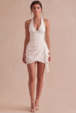 Ivory Mini Halter Bodycon Corset Bridal Shower Dress with Drape