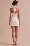 Ivory Mini Halter Bodycon Corset Bridal Shower Dress with Drape