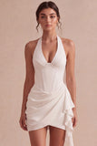 Ivory Mini Halter Bodycon Corset Bridal Shower Dress with Drape