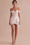 Ivory Mini Corset Bodycon Lace Bridal Shower Dress with Drape