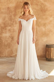 White A Line Off the Shoulder Swep Train Wedding Dress with Lace