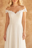 White A Line Off the Shoulder Swep Train Wedding Dress with Lace