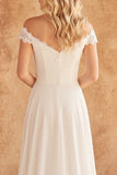 White A Line Off the Shoulder Swep Train Wedding Dress with Lace
