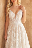 White A Line Lace V-Neck Backless Swep Train Wedding Dress
