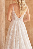 White A Line Lace V-Neck Backless Swep Train Wedding Dress