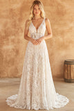 White A Line Lace V-Neck Corset Swep Train Wedding Dress