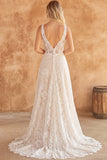 White A Line Lace V-Neck Corset Swep Train Wedding Dress