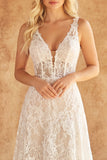 White A Line Lace V-Neck Corset Swep Train Wedding Dress