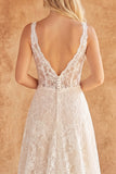 White A Line Lace V-Neck Corset Swep Train Wedding Dress
