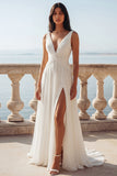 White A Line V-Neck Front Twist Swep Train Beach Wedding Dress with Slit