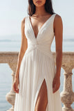 White A Line V-Neck Front Twist Swep Train Beach Wedding Dress with Slit