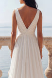 White A Line V-Neck Front Twist Swep Train Beach Wedding Dress with Slit