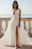 White A Line V-Neck Ruffled Swep Train Ruched Beach Wedding Dress with Slit