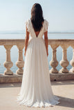 White A Line V-Neck Ruffled Swep Train Ruched Beach Wedding Dress with Slit