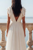 White A Line V-Neck Ruffled Swep Train Ruched Beach Wedding Dress with Slit