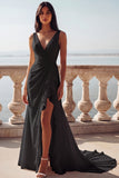 White Mermaid V-Neck Ruffled Swep Train Beach Wedding Dress with Slit