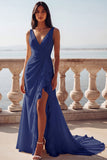 White Mermaid V-Neck Ruffled Swep Train Beach Wedding Dress with Slit