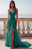 White Mermaid V-Neck Ruffled Swep Train Beach Wedding Dress with Slit