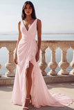 White Mermaid V-Neck Ruffled Swep Train Beach Wedding Dress with Slit