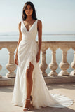 White Mermaid V-Neck Ruffled Swep Train Beach Wedding Dress with Slit