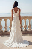White Mermaid V-Neck Ruffled Swep Train Beach Wedding Dress with Slit