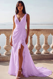 White Mermaid V-Neck Ruffled Swep Train Beach Wedding Dress with Slit