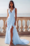White Mermaid V-Neck Ruffled Swep Train Beach Wedding Dress with Slit