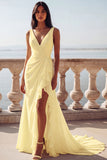 White Mermaid V-Neck Ruffled Swep Train Beach Wedding Dress with Slit